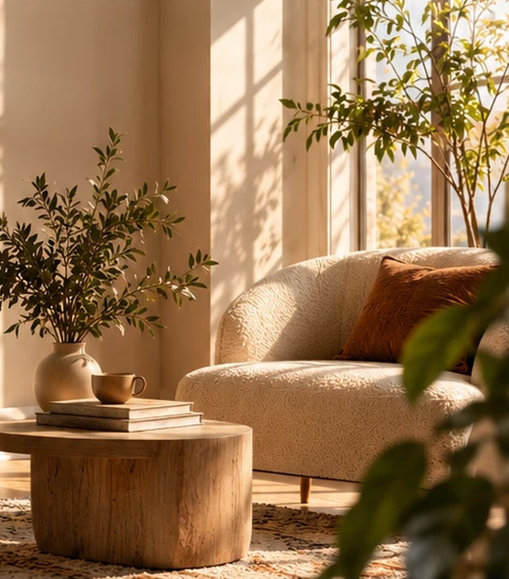 A quiet, sunlit room with a curved armchair, a low wooden table with books, and olive branches by the window.