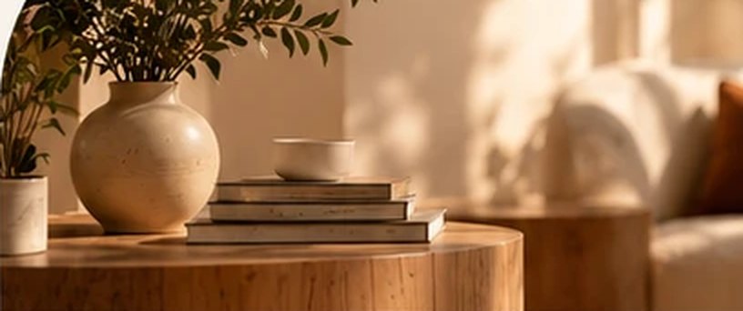 A round wooden table with a pale vase, a small bowl and a stack of books in late-afternoon light.